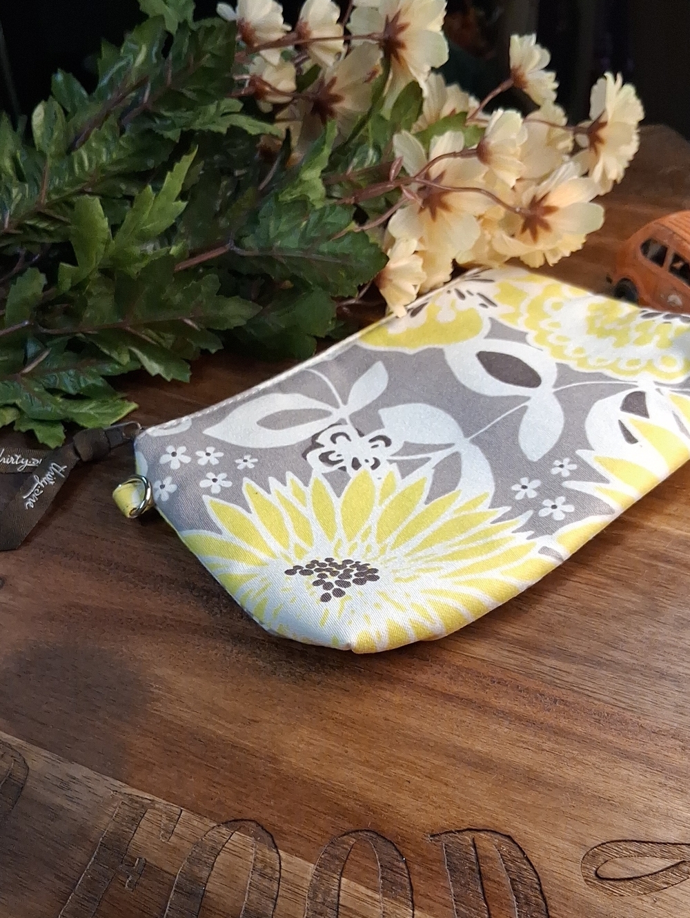 thirty-one Gray Floral Canvas Pouch with Yellow Accent